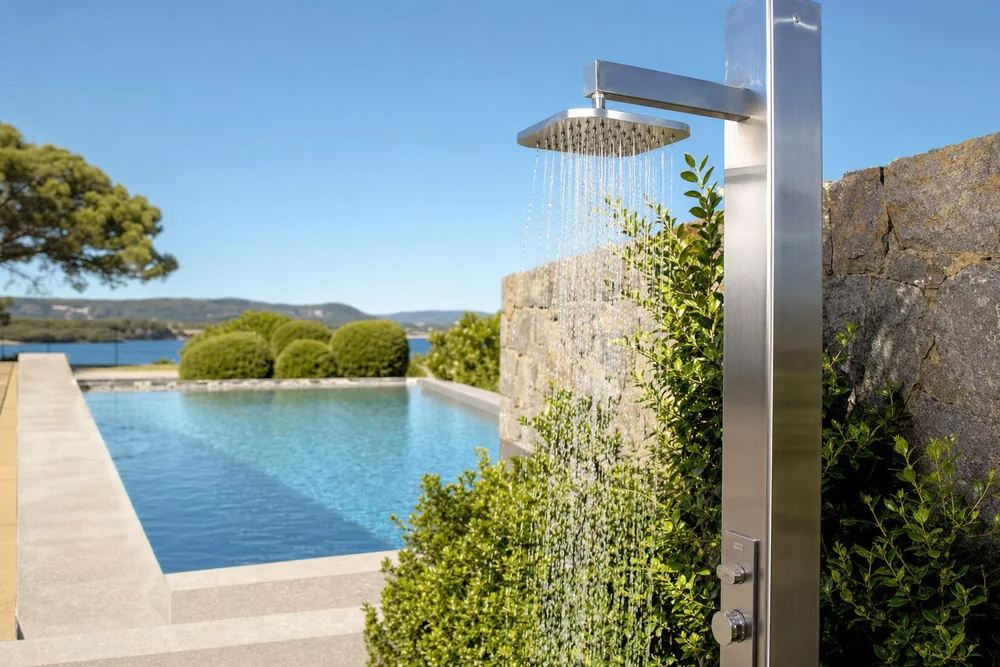 Gartendusche am Pool – kurzes Duschen vor dem Baden reduziert Chlornebenprodukte