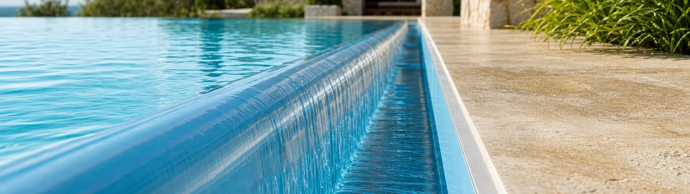 Mit PVC-Folie ausgekleidete Überlaufrinne eines Schwimmbeckens