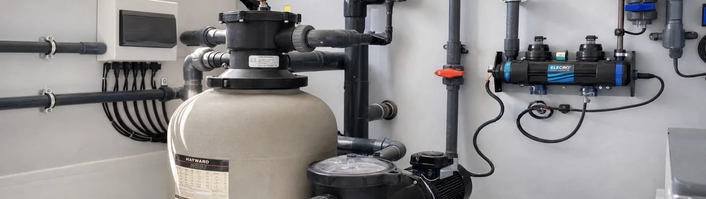Poolpumpe und Sandfilter wälzen das Beckenwasser im Technikraum um