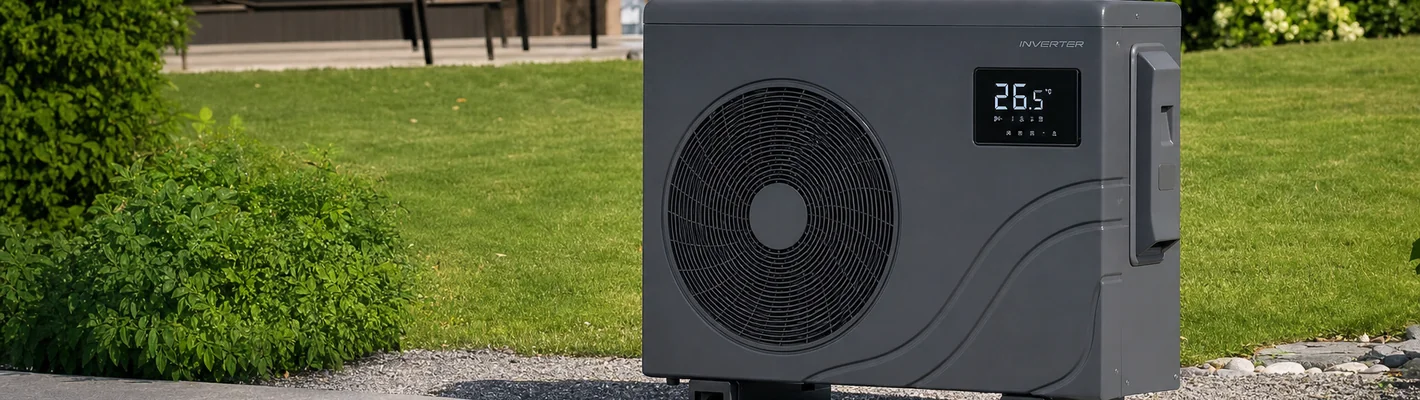 Poolwärmepumpe im Garten mit Bedien-Display und Fehleranzeige