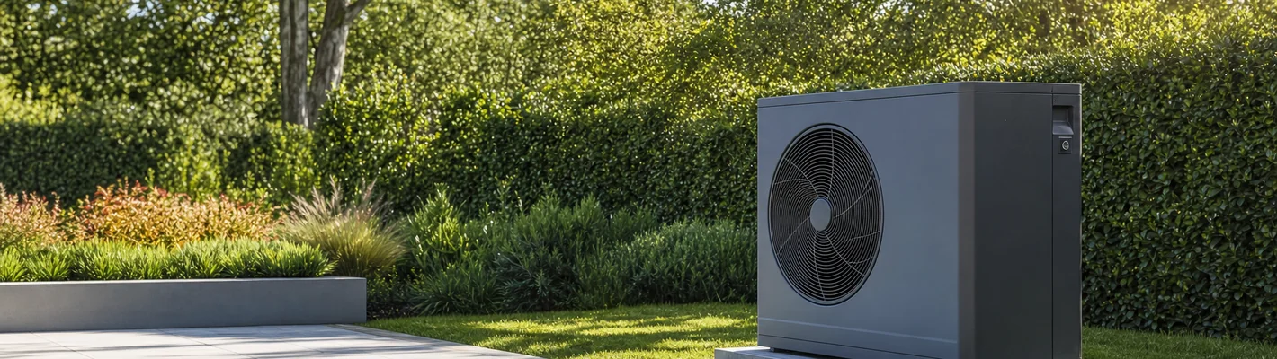 Poolwärmepumpe mit freiem Abstand neben einem Gartenpool aufgestellt