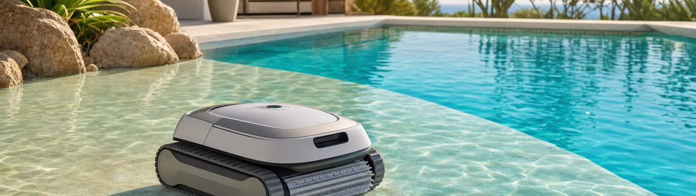 Vollautomatischer Poolroboter am Boden eines privaten Schwimmbeckens