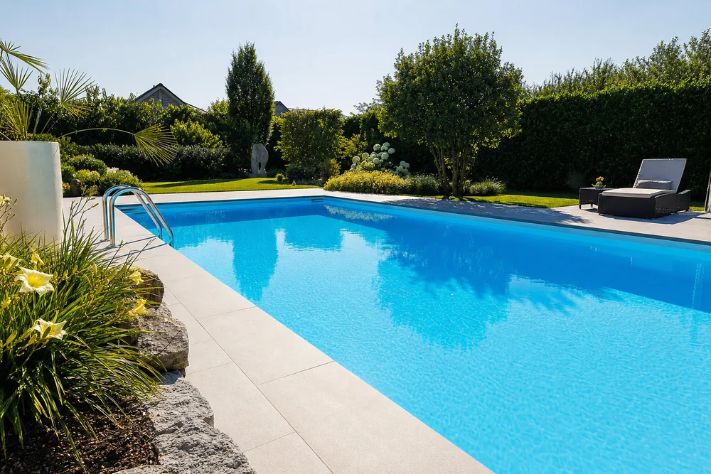 Glattes, fugenloses GFK-Schwimmbecken mit klarem Wasser im Garten