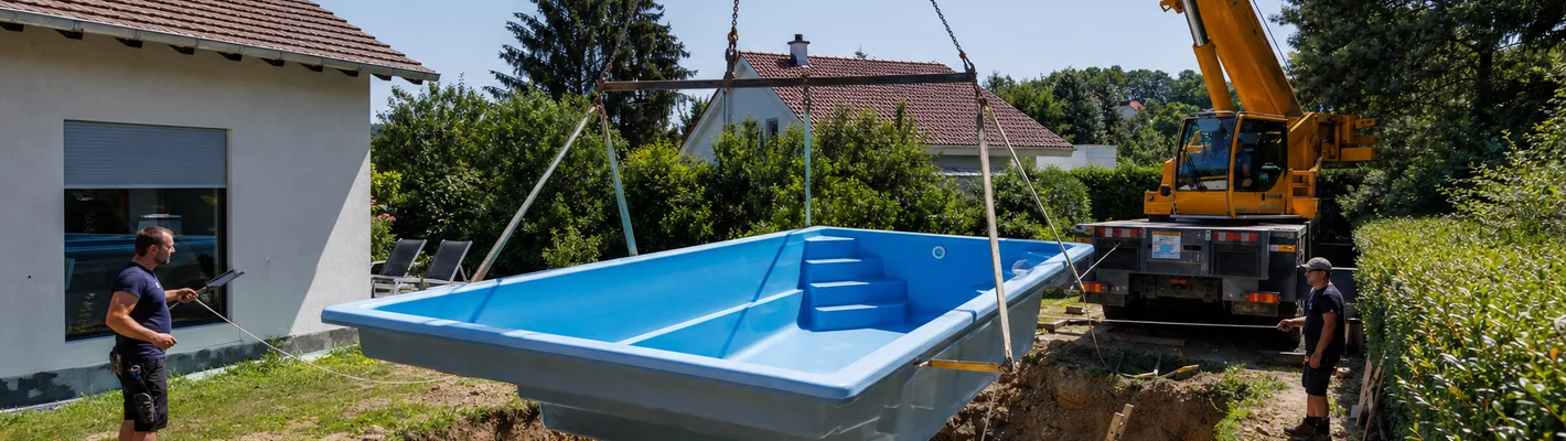 GFK-Schwimmbecken aus glasfaserverstärktem Kunststoff wird mit dem Kran in die Baugrube gesetzt