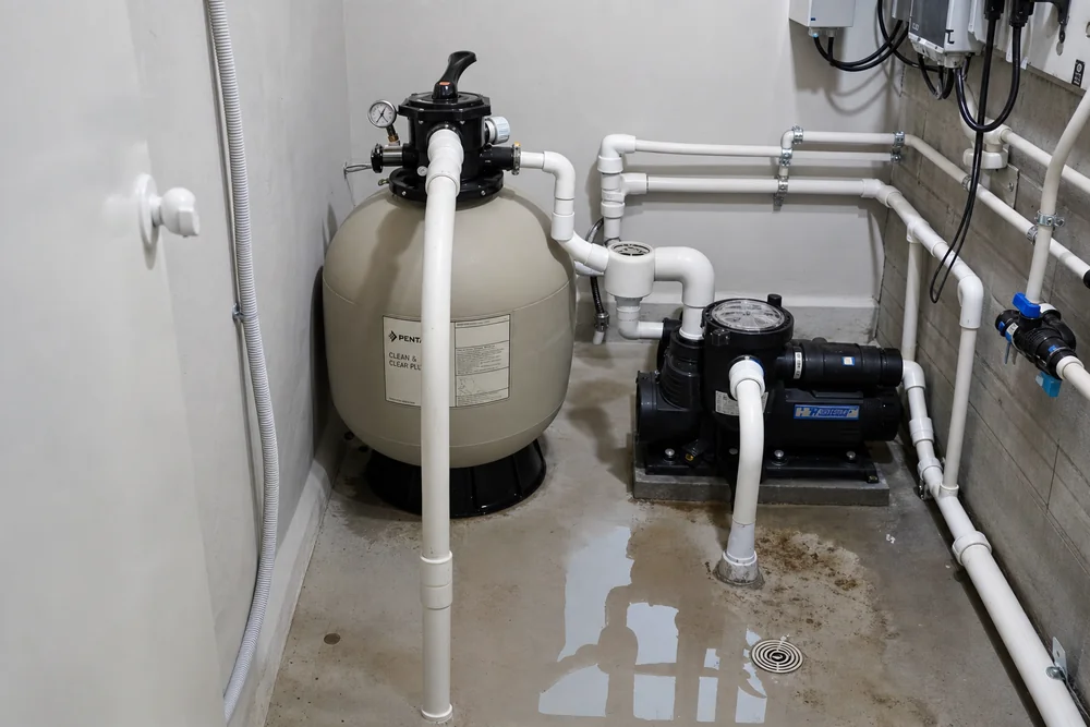 Technikraum mit Poolpumpe und Sandfilter, Sichtprüfung auf Undichtigkeiten
