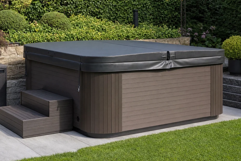 Abgedeckter Whirlpool mit Thermoabdeckung im Garten