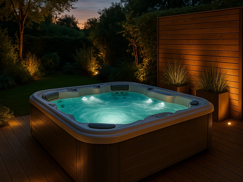 Outdoor-Whirlpool auf der Gartenterrasse am Abend