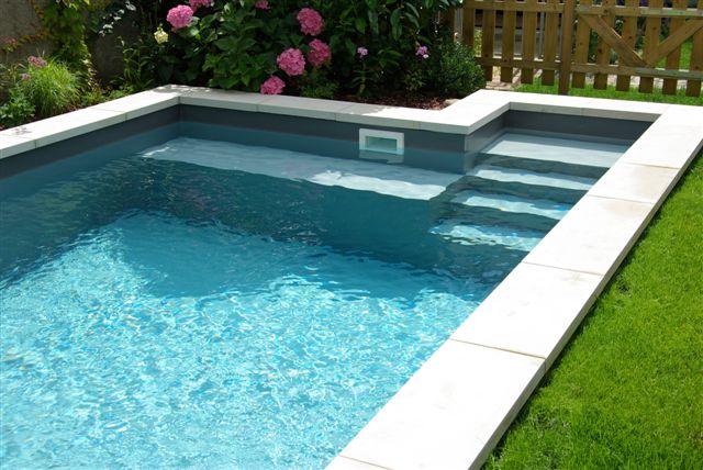 Detailansicht des Schwimmbeckens mit integrierter Treppe und Skimmer, umgeben von Rasen und Blumen.