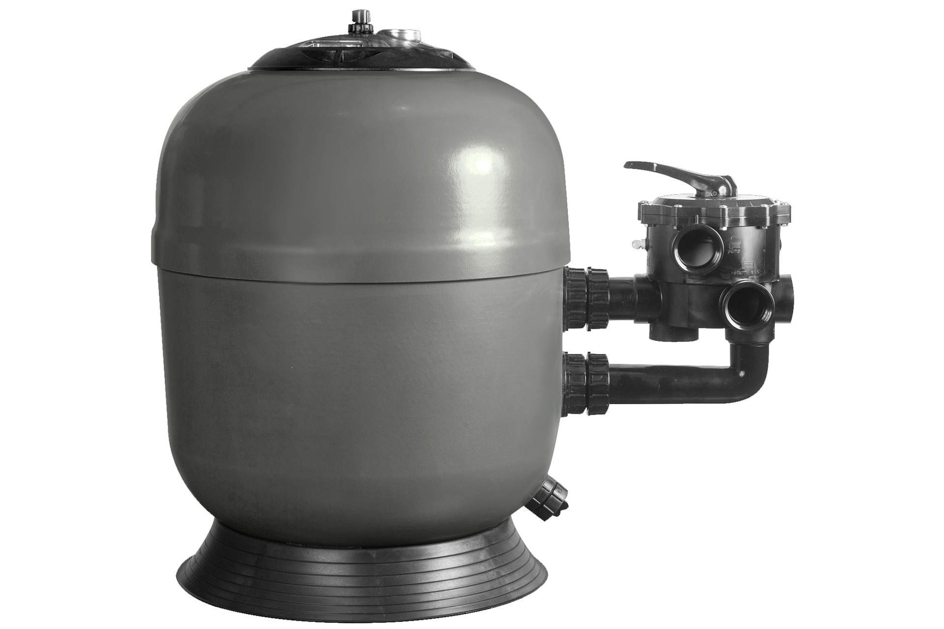 Grauer Sandfilterbehälter mit seitlich montiertem Mehrwegeventil und Anschlussstutzen für die Pooltechnik.