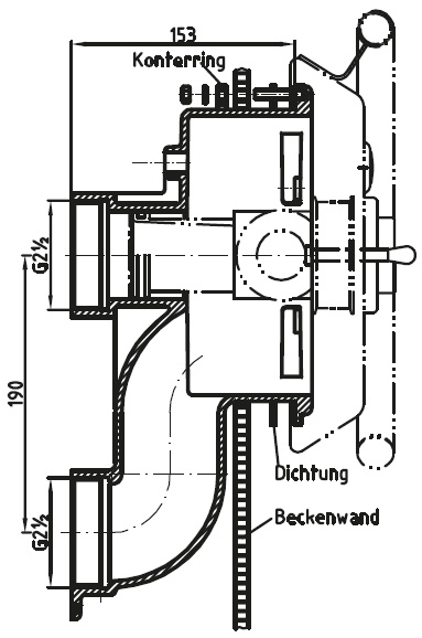 Technische Zeichnung der Lahme Taifun Gegenstromschwimmanlage Einbausatz mit Maßen und Beschriftungen