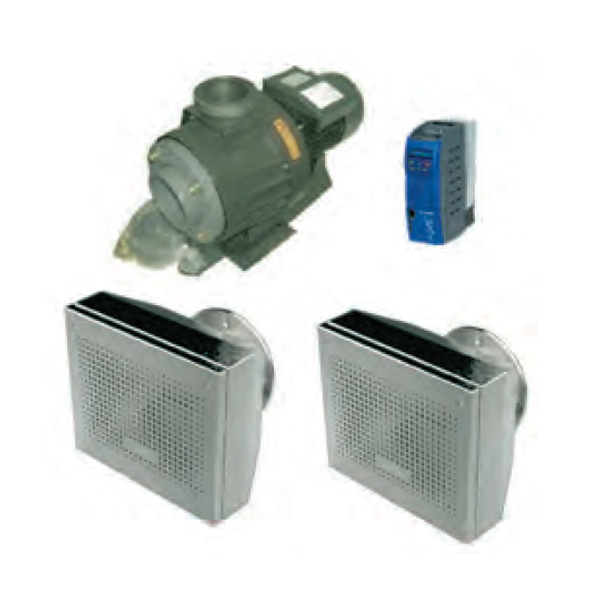 Einzelteile der Astral Basic ND Gegenstromanlage: Pumpe, Steuerung und zwei Einströmdüsen