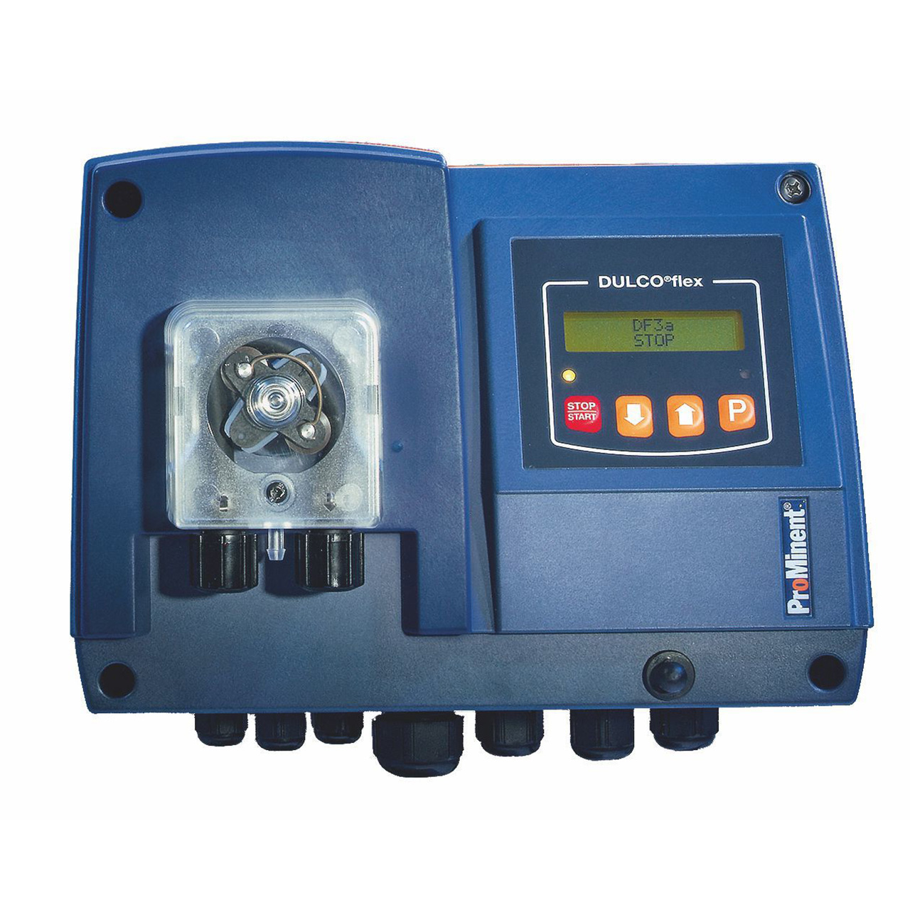 Detailansicht der Prominent Multi Dosierstation DF4a mit klar sichtbarer Peristaltikpumpe und Display.