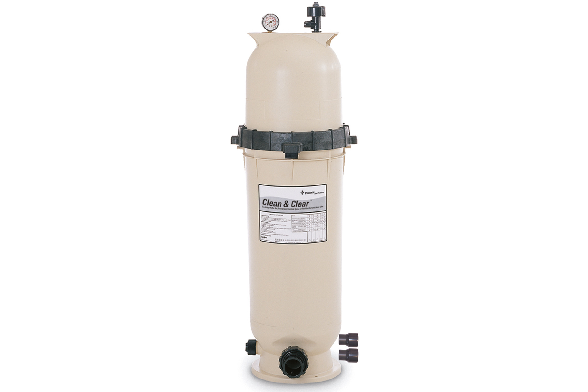 Beiger Pentair Clean & Clear Kartuschenfilter mit Druckmanometer, Entlüftungsventil und seitlichen Anschlüssen.