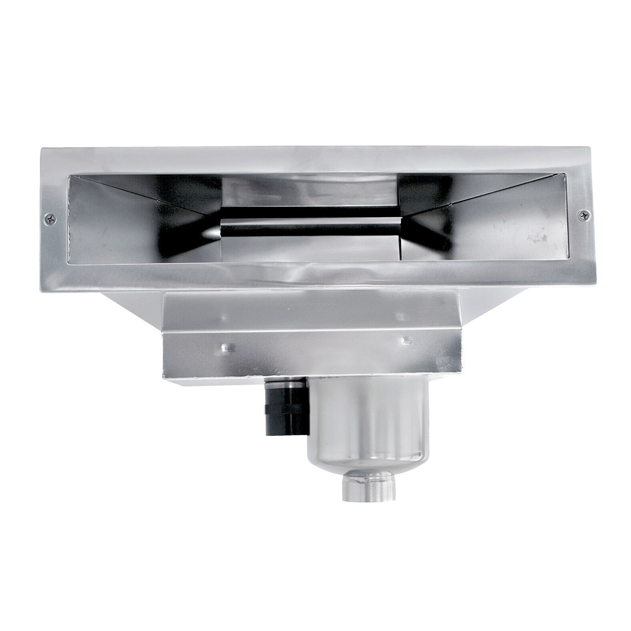 Ansicht von unten auf den Behncke V4A Slim Skimmer mit Saugbreite 460mm und Anschlussstutzen