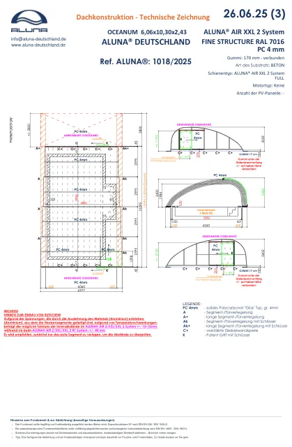 Aluna Oceanum Poolhalle 6,06 × 10,30 × 2,43 m – technische Zeichnung