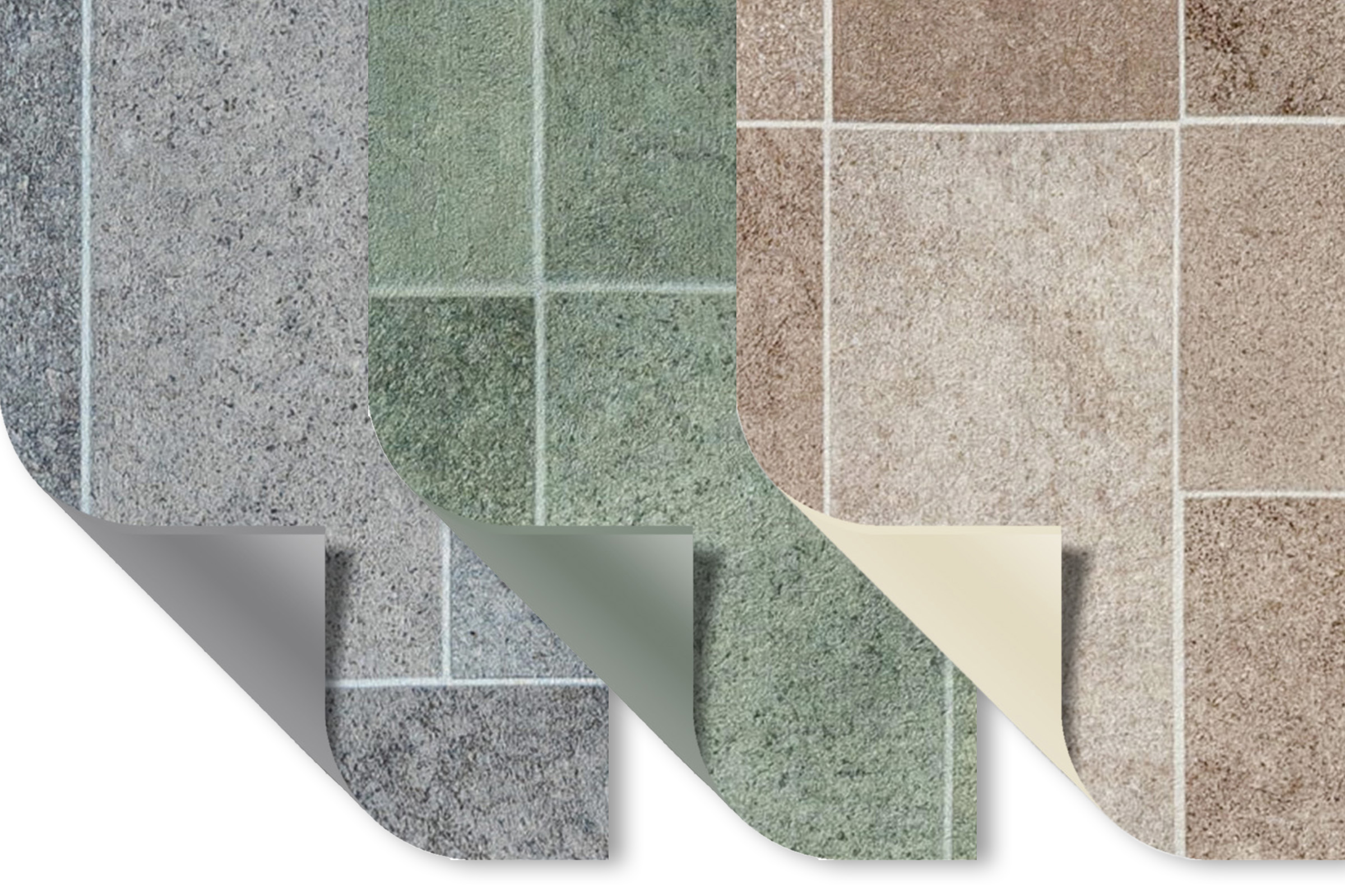 Übersicht der erhältlichen Farbvarianten der Elbe Unique Tile Poolfolie: Dolomit Grey, Cyprus Green und Tuscany Sand.