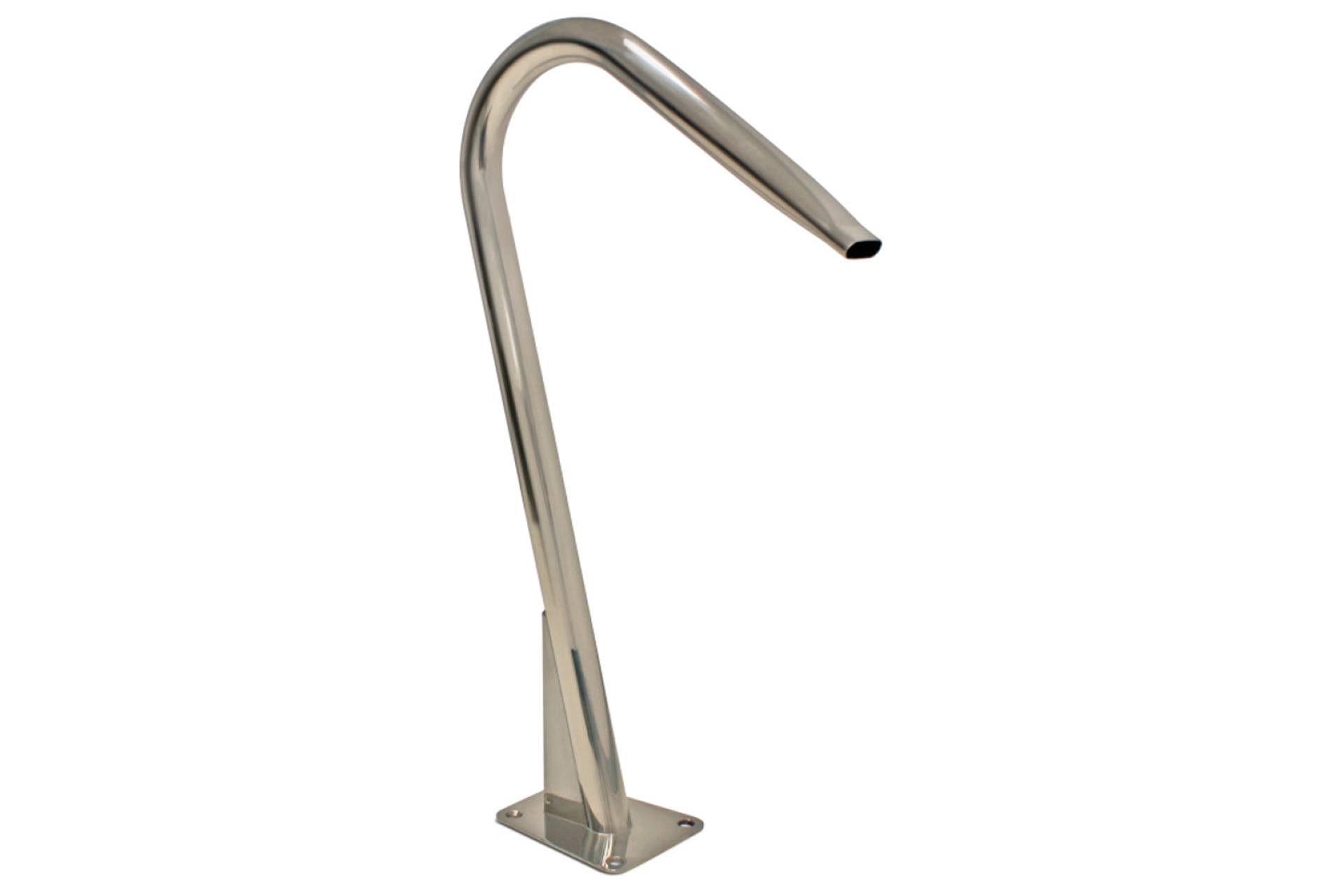 Edelstahl Schwallrohr mit eleganter Biegung, flachem Auslauf und stabiler Bodenplatte für die Montage.