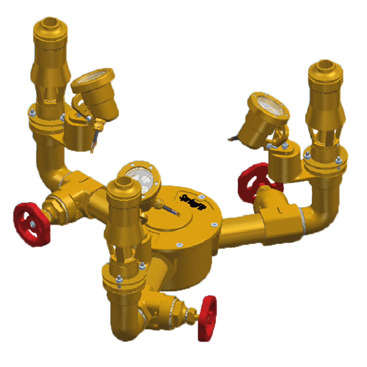 Detailansicht der SpringFit Springbrunnenbaugruppe Geysir 20 mit Düsen, Ventilen und Beleuchtung.