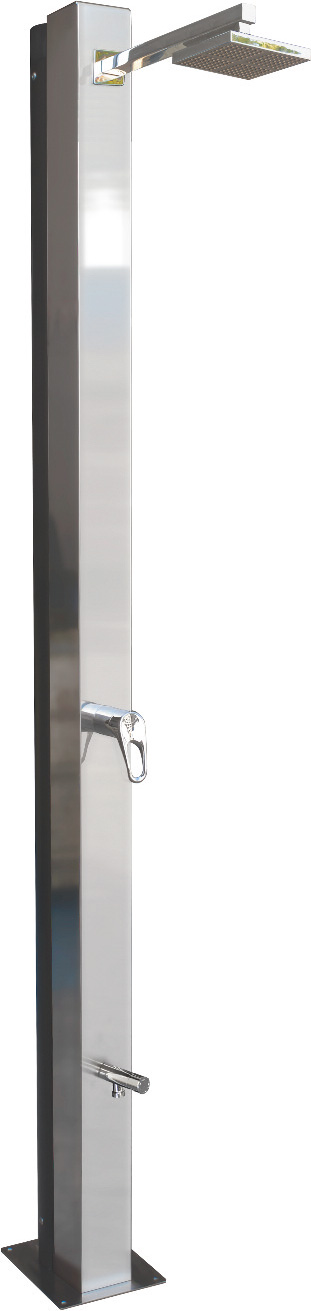 Solardusche Poseidon 30l mit V2A-Sichtteil, eine freistehende Edelstahldusche mit Duschkopf und Wasserhahn