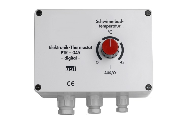 Elektronische Temperatur-Regelung PTR-045 mit rotem Drehregler und angeschlossenem Temperaturfühler
