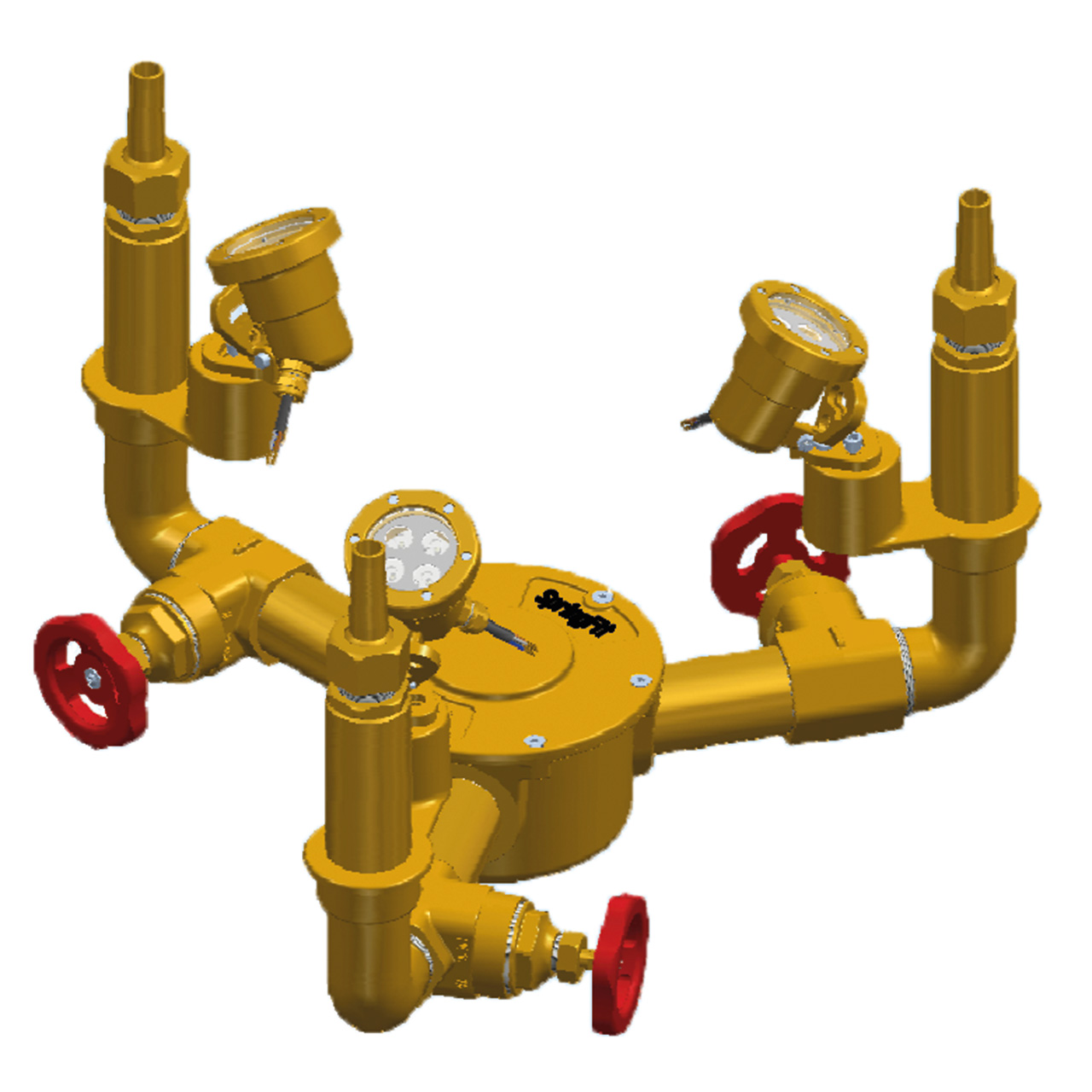 Detailansicht der Lahme SpringFit Springbrunnenbaugruppe Komet 3-fach mit Düsen, Ventilen und Leuchten