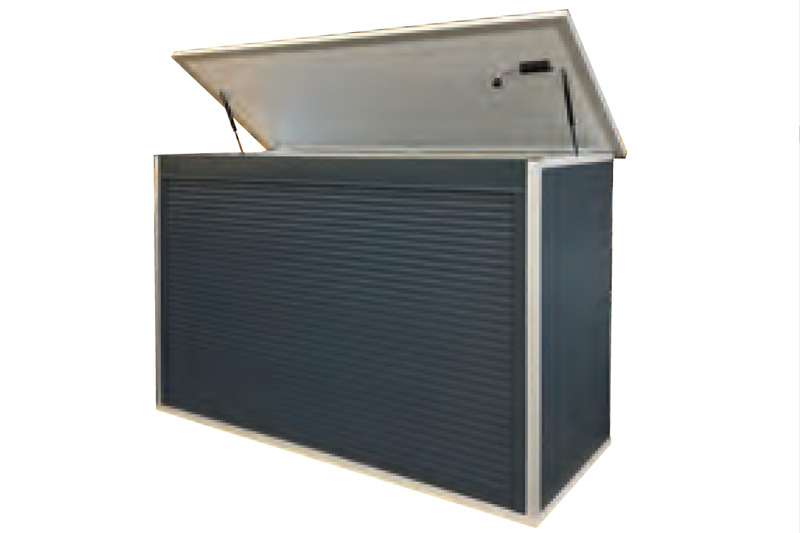 Pool Technikbox Exklusiv Plus, anthrazit, mit geöffnetem Deckel und Rollladenfront
