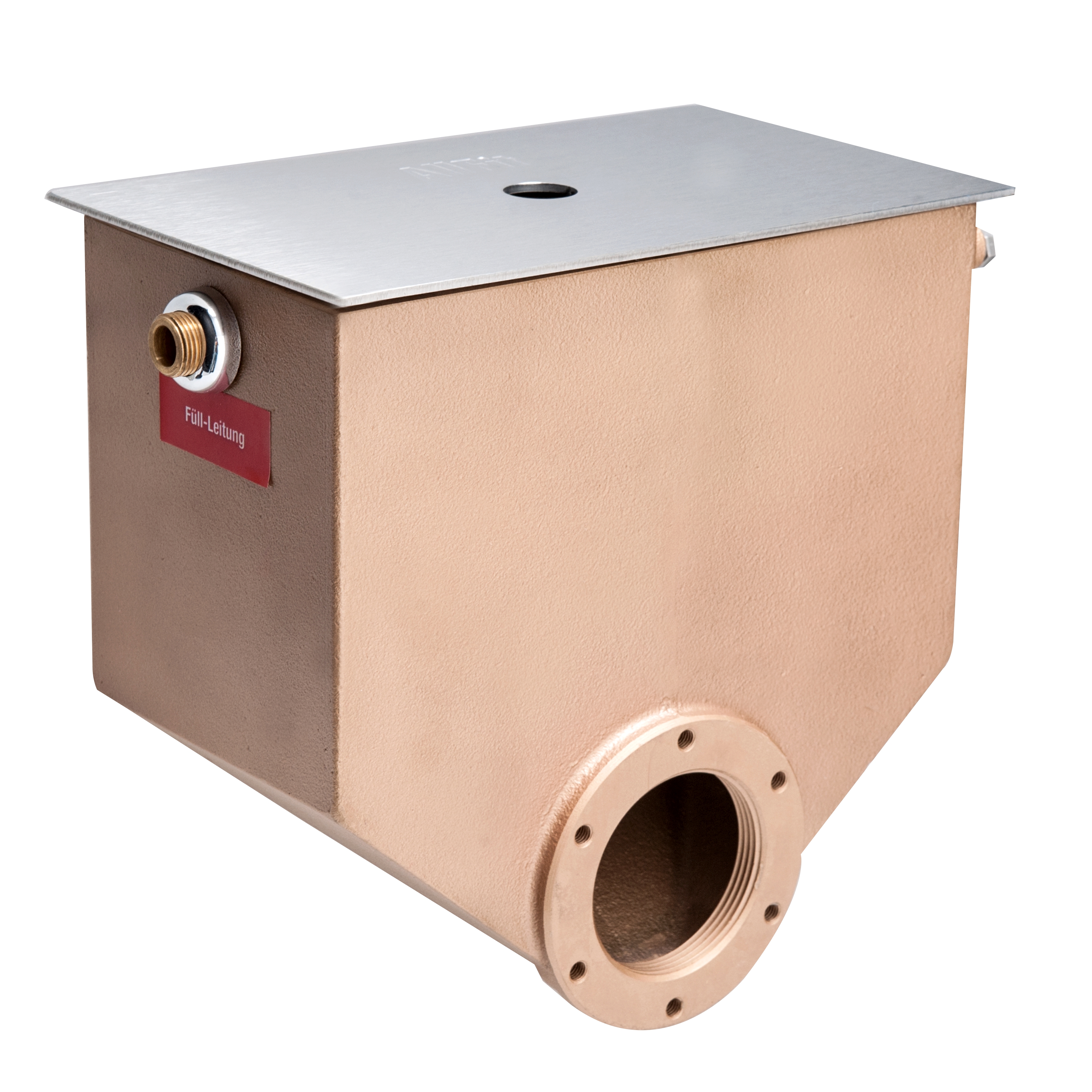 Detailansicht des Lahme Wasserstandsreglers mit Füll-Leitung und Anschlussflansch