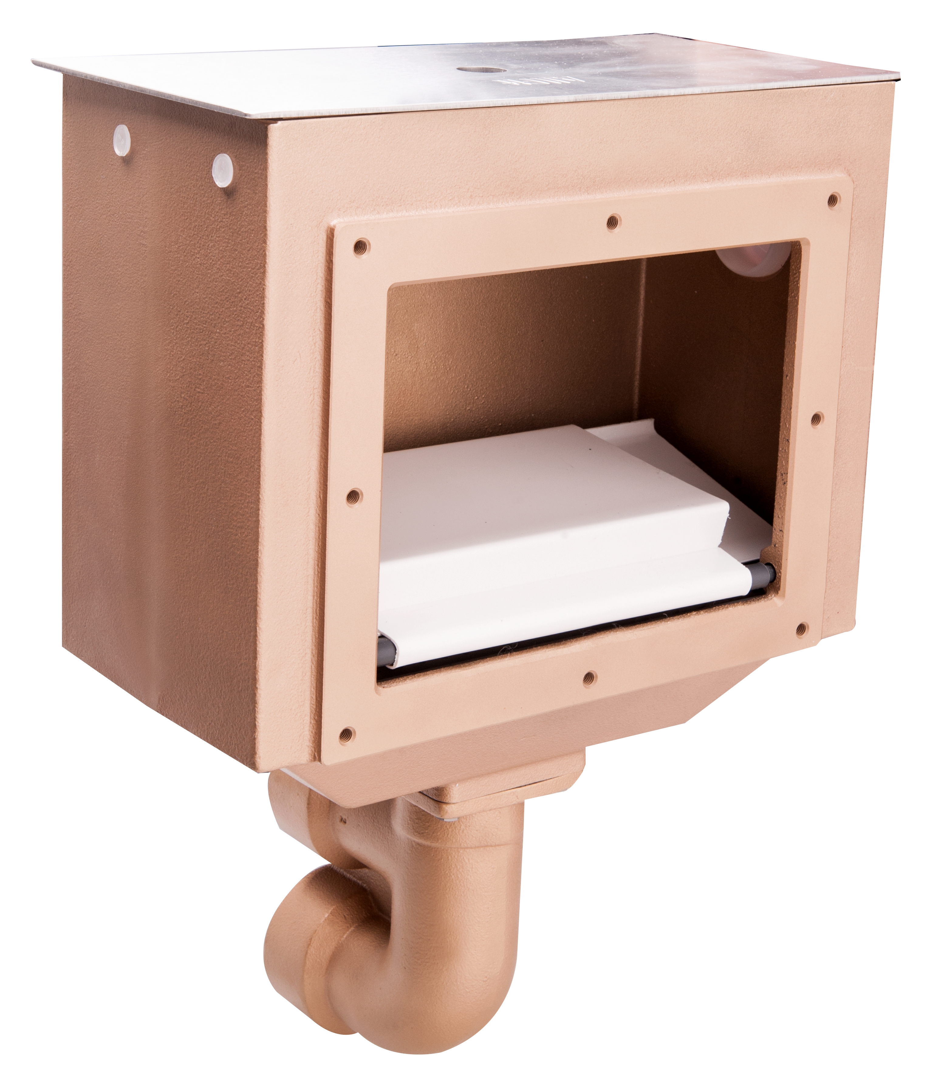 Detailansicht des beigefarbenen Oberflächenabsaugers mit flacher Bauweise und 2" Anschluss, inklusive Skimmerklappe