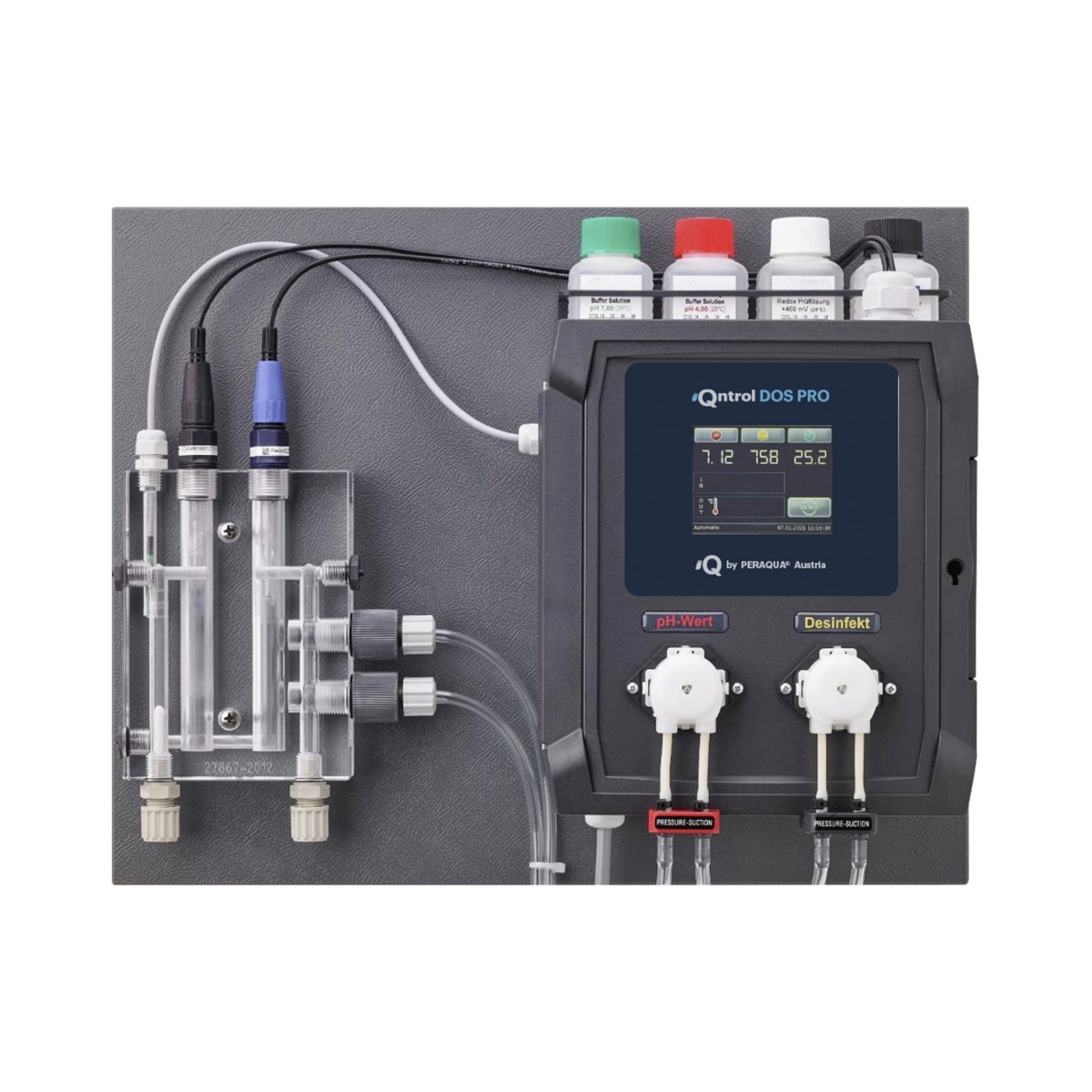 iQntrol Dosieranlage DOS-PRO Mess, Regel - & Dosiertechnik ph/Redox für Privatschwimmbäder für Desinfektion, pH-Wert und Temperatur, 3,2“ Touch-Grafikdisplay, Montageplatte
 iQntrol Dosieranlage DOS-PRO Mess, Regel - & Dosiertechnik ph/Redox für Privatsch