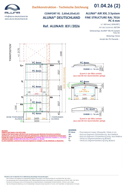 Aluna Comfort R1 Flache Poolüberdachung 2,60 × 6,05 × 0,63 m – technische Zeichnung