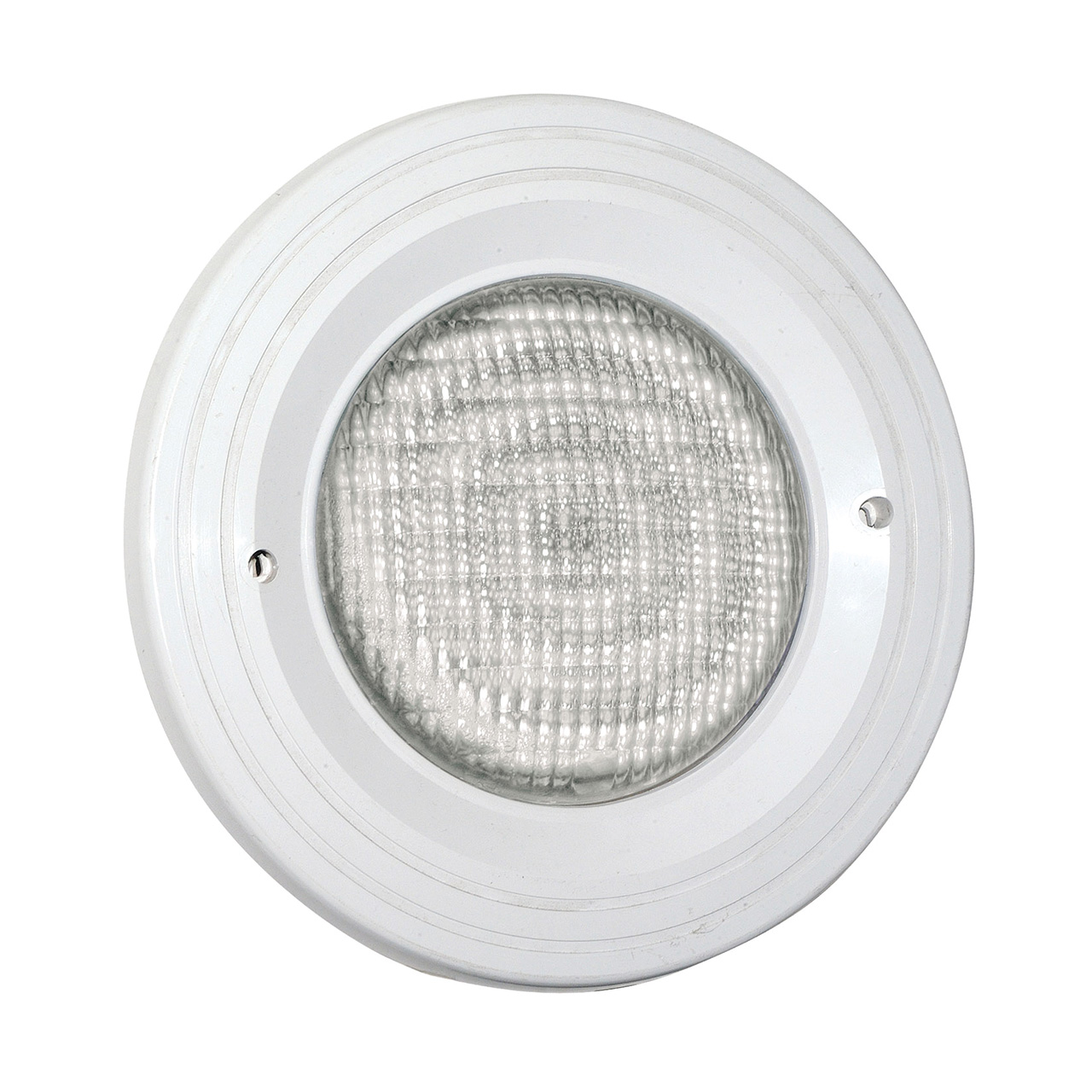 Aquareva LED Schraubscheinwerfer PL07VM in Weiß, Frontansicht mit sichtbaren Schrauben und geriffelter Linse
