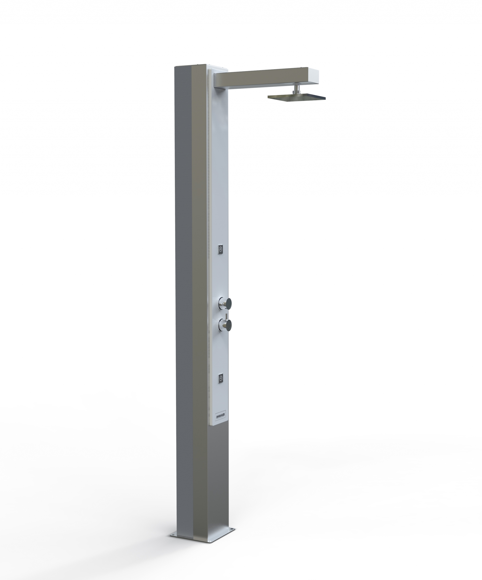 Solardusche Iguazu: Detailaufnahme der silberfarbenen Säule mit Bedienelementen und quadratischem Duschkopf.