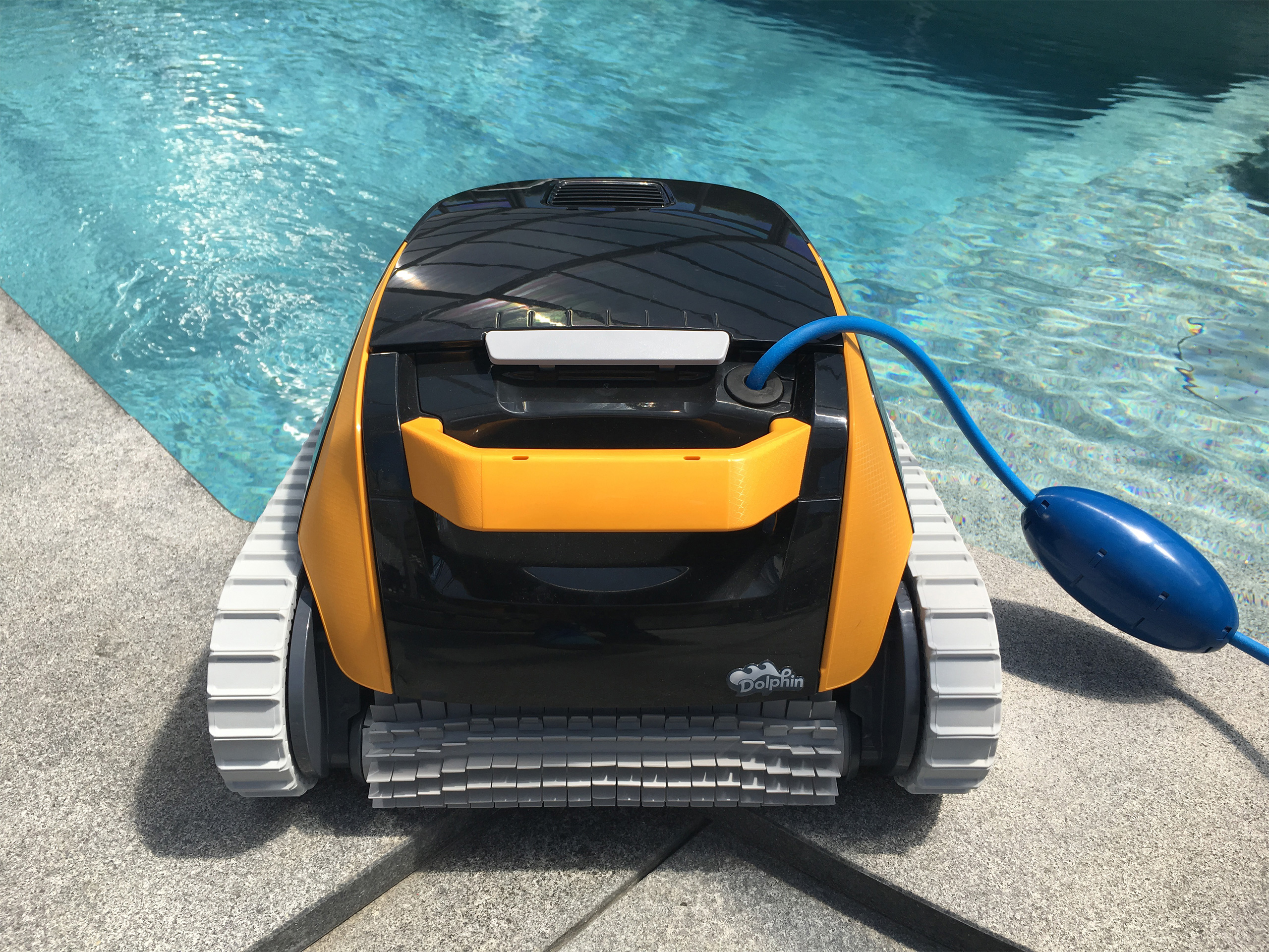 Rückansicht des Poolroboters Dolphin E20 mit blauem Kabel und Schwimmer am Beckenrand