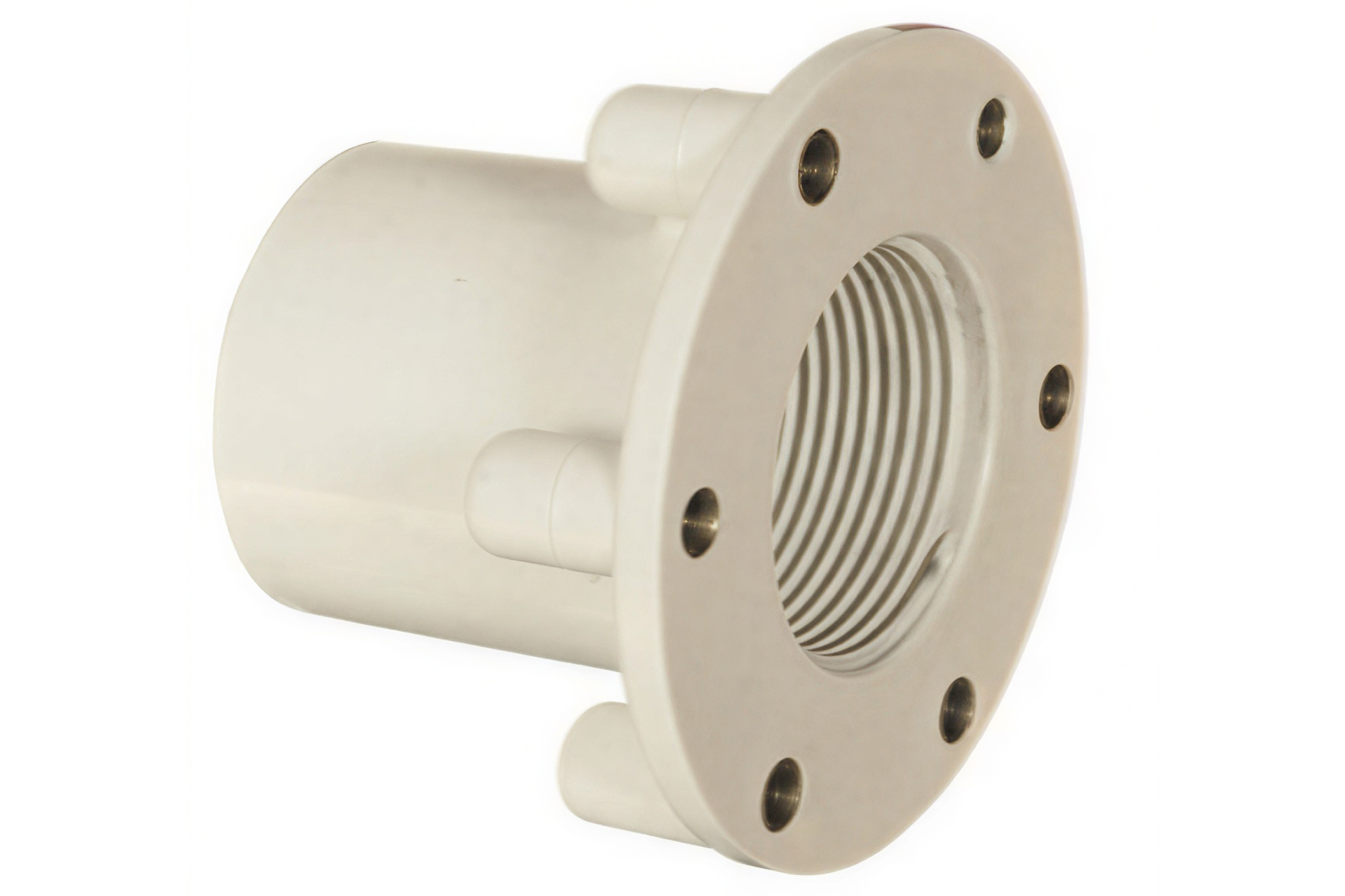 Weiße Kunststoff Wanddurchführung mit Gewinde und vier Befestigungslöchern für kombinierbare Einbauteile, Länge 61 mm