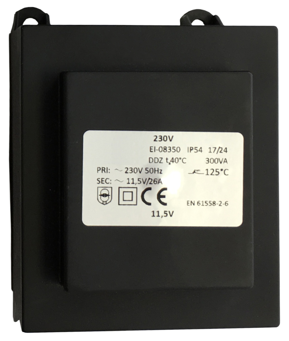 Brilix Sicherheits-Trenntrafo 11,5V 300VA mit weißem Produktetikett auf schwarzem Gehäuse