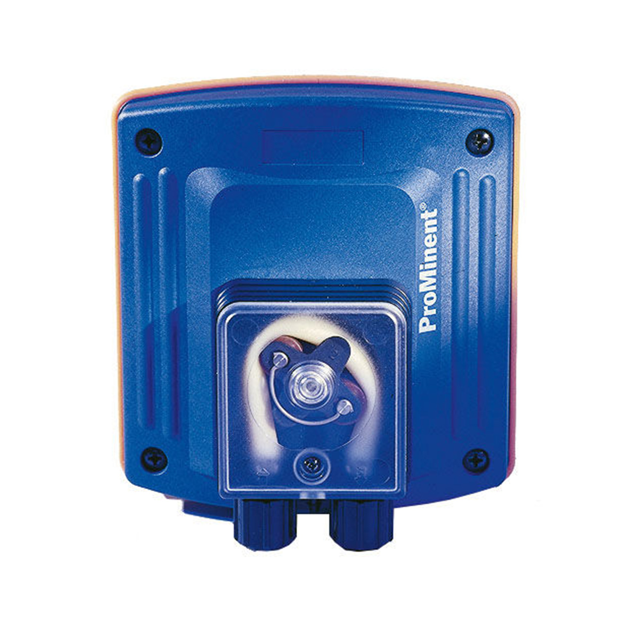 Vorderansicht der blauen Prominent Schlauchdosierpumpe DF2a mit transparentem Pumpenkopf, 1,5bar / 0,4l/h