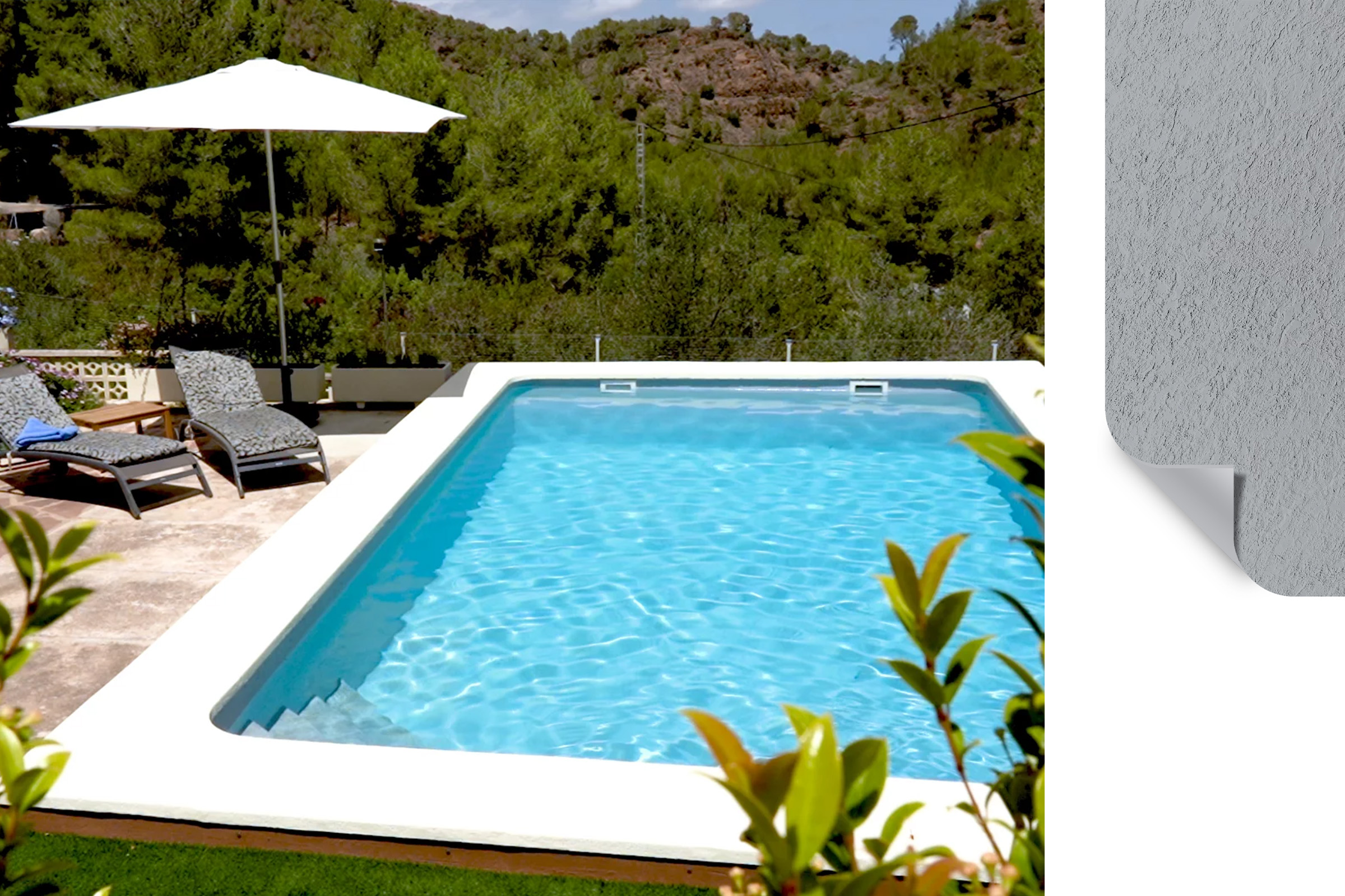 Pool mit grauer Schwimmbadfolie ELBE motion – Gray Rock Schwimmbad mit mittelgrauer Poolfolie ELBE motion – strukturierte Oberfläche in Gray Rock