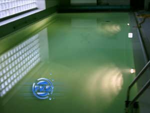 Hallenbad mit weißer Folie und gefülltem Becken, seitliche Glasbausteine und Einstiegsleiter sichtbar