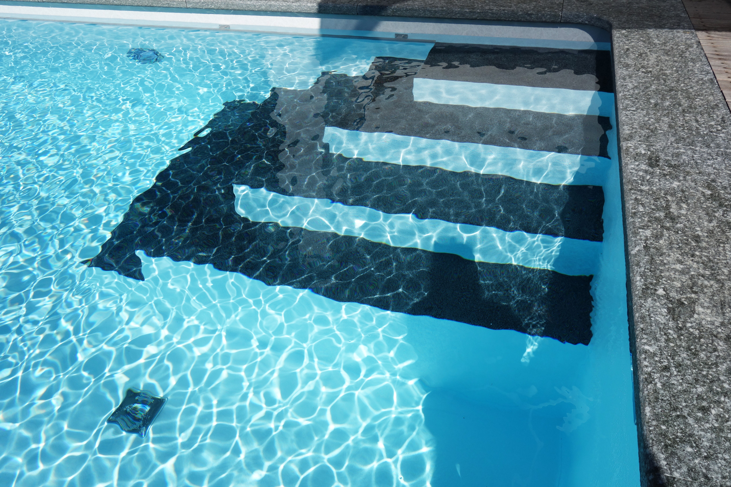 Detailansicht der dunklen Ecktreppe im Rechteckbecken mit blauem Wasser und Unterflurabdeckung.