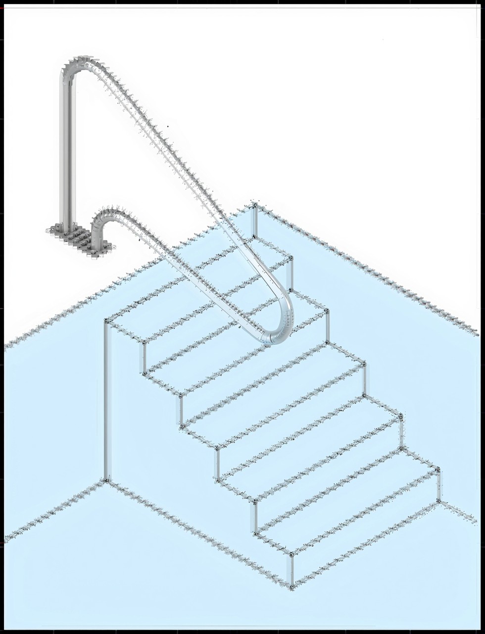 Griffbogen Typ L mit 850 mm Höhe und durchgehender Flanschplatte, montiert an einer Pooltreppe.