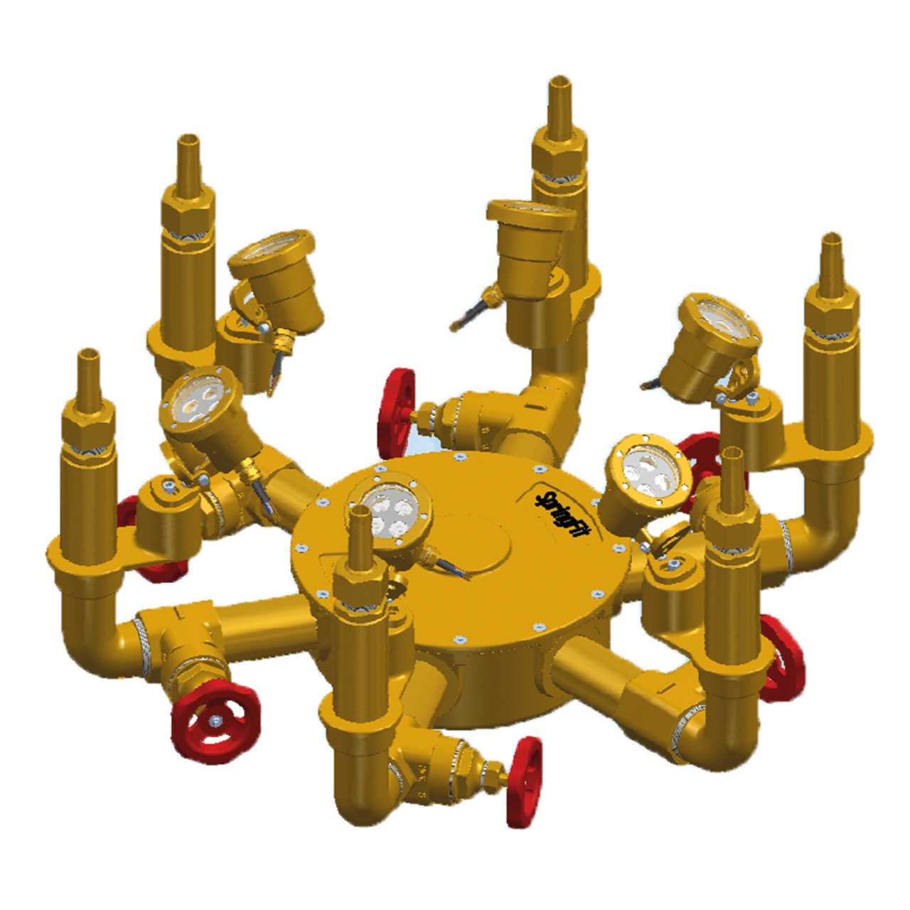 Detailansicht der Lahme SpringFit Springbrunnenbaugruppe Komet 6-fach mit Düsen und LED-Beleuchtung