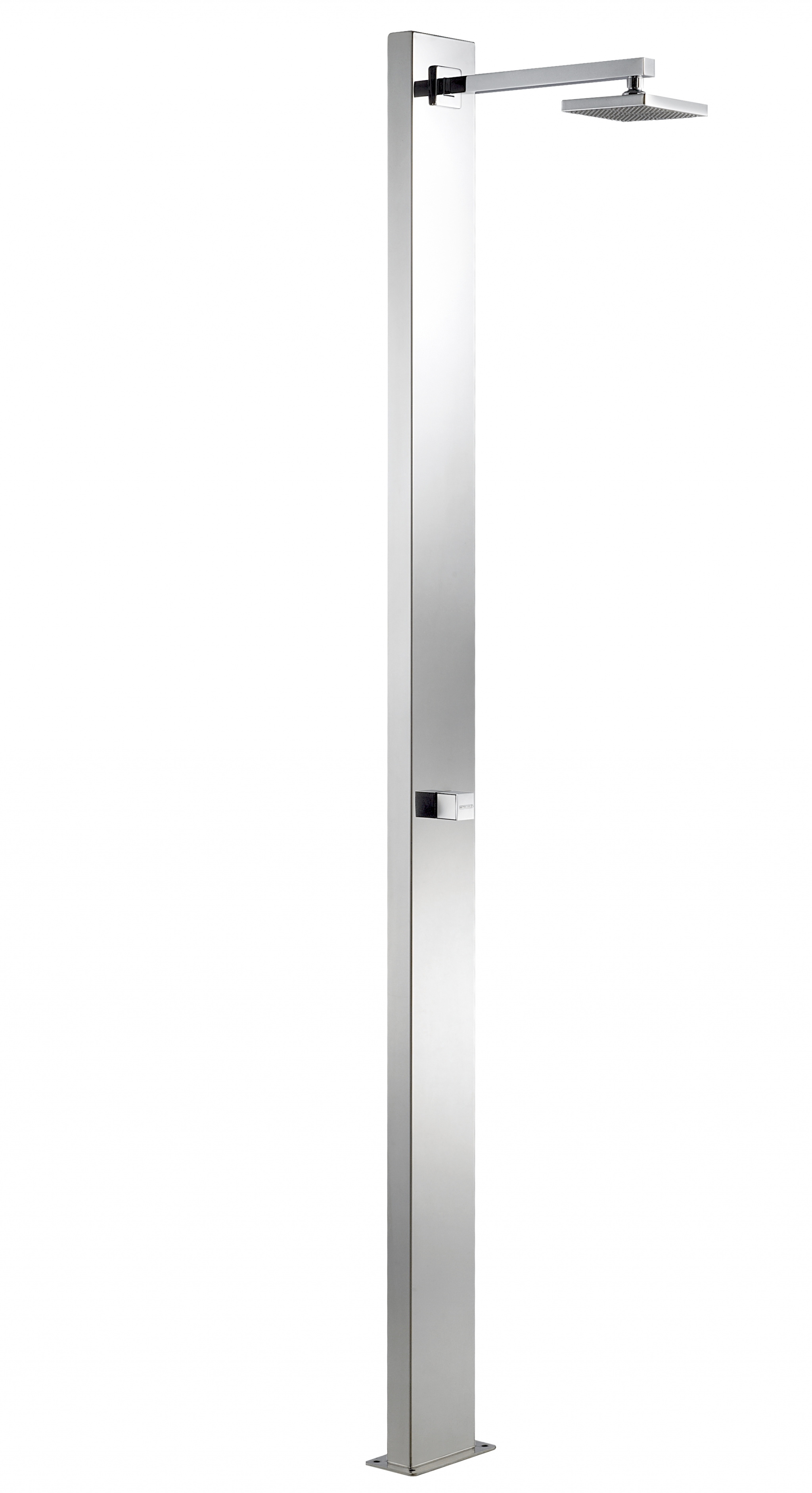 Kaltwasserdusche Niagara aus glänzendem Edelstahl. Die eckige Säule und der quadratische Duschkopf sind klar sichtbar.