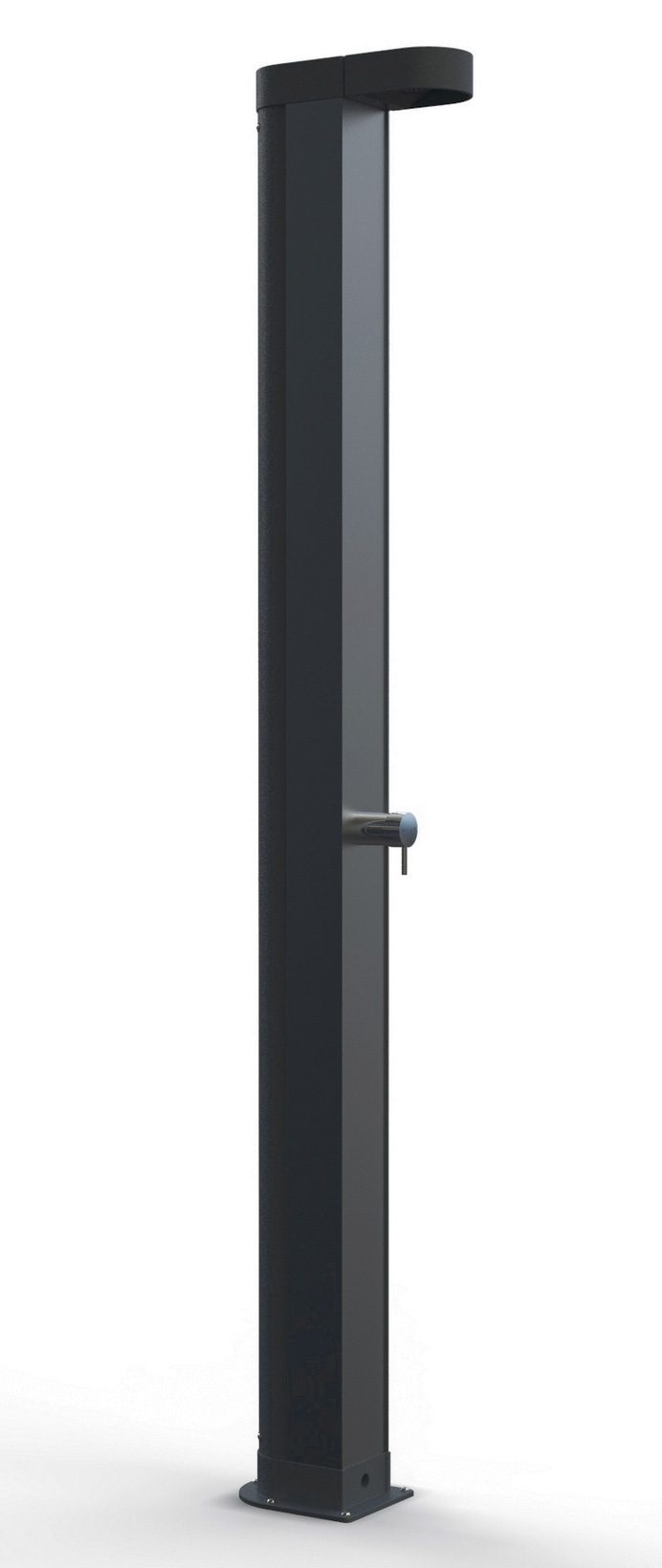 Schlanke, anthrazitfarbene Solardusche Angel mit integriertem Duschkopf und Mischbatterie.