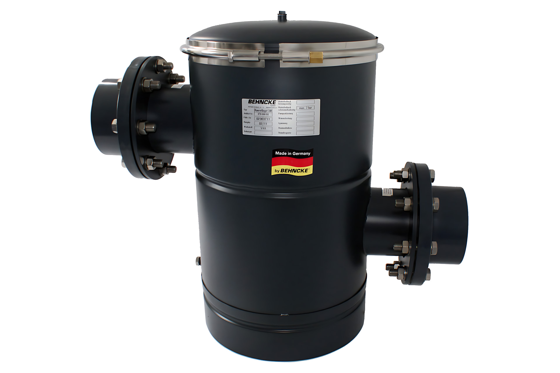 Detailansicht des Behncke Edelstahl Fasernfänger Vorfilters mit Typenschild und Flanschanschlüssen