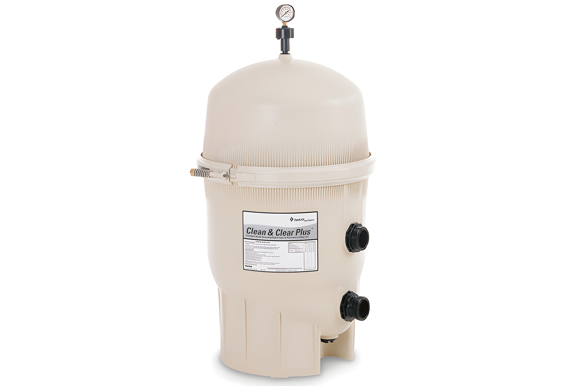 Clean & Clear Plus Kartuschenfilter in Beige mit Manometer auf dem Deckel und zwei seitlichen Anschlüssen.