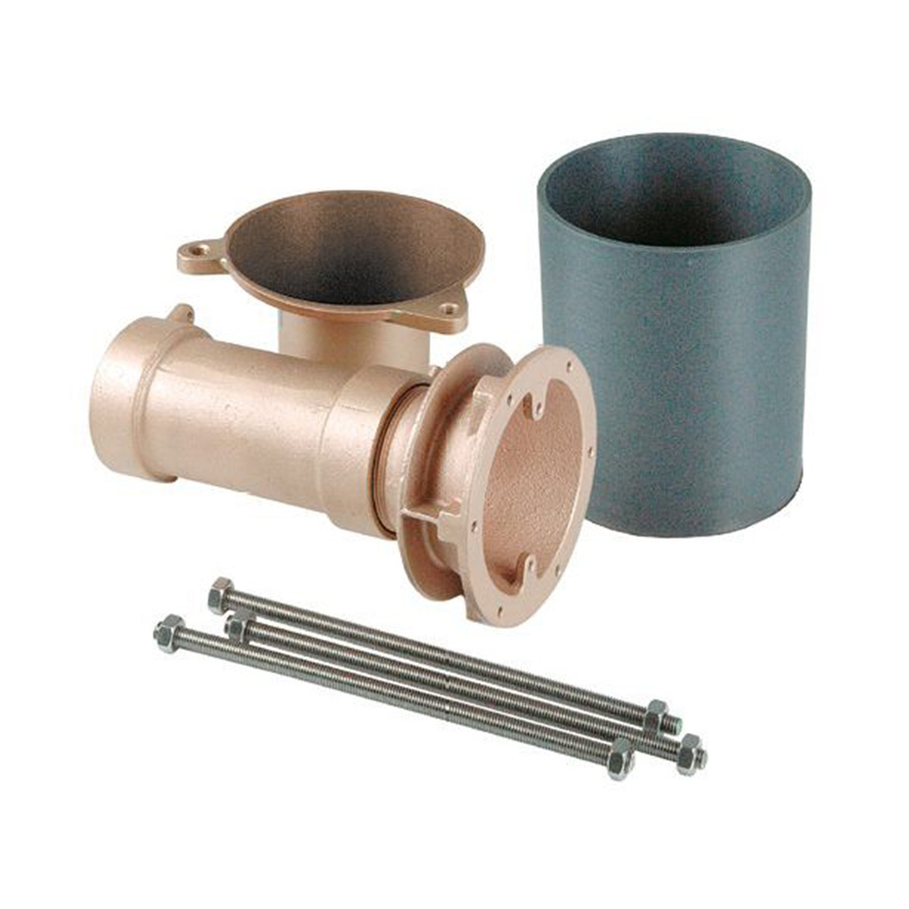 Einzelteile des Lahme Schwallduschen Mini Einbausatzes: bronzefarbene Rohre, graues Kunststoffteil, Schrauben.