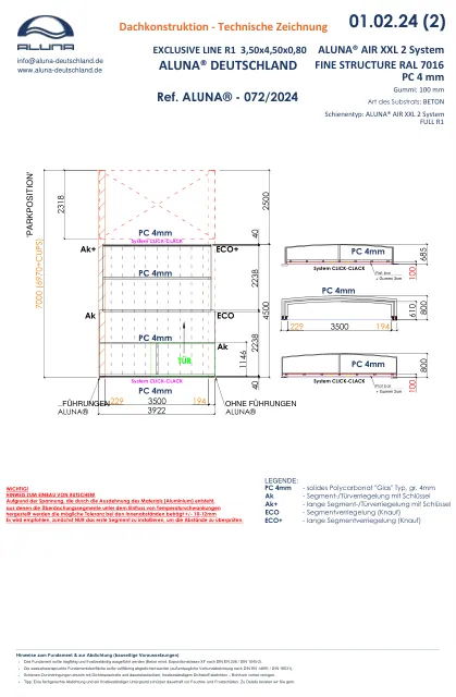 Aluna Exclusive Line R1 Flache Poolüberdachung 3,50 × 4,50 × 0,80 m – technische Zeichnung