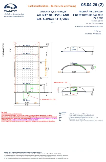 Aluna Atlanta Flache Poolüberdachung 3,62 × 7,50 × 0,98 m – technische Zeichnung