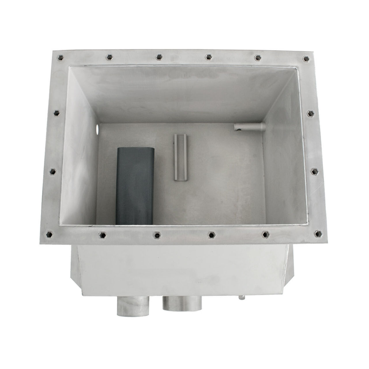 Blick in den Behncke V4A Skimmer B300 mit Saugbreite 300mm, Details der Innenkonstruktion und Anschlüsse