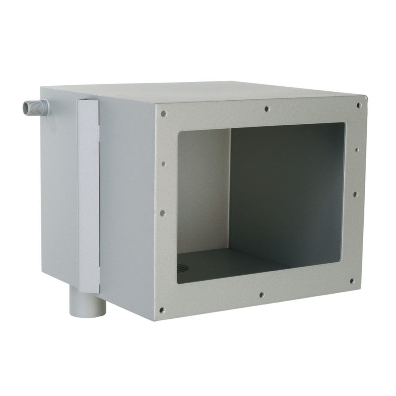 Detailansicht des Behncke Edelstahl Skimmer B280 mit Saugbreite 200mm, Anschlussstutzen und Befestigungslöchern